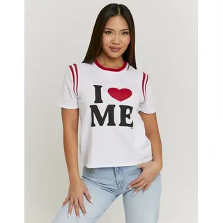 T-Shirt TALLY WEIJL "STSCOORCUN2", Damen, Gr. S, weiß, Jersey, Obermaterial: 100% Baumwolle, bedruckt, figurbetont normal, Rundhals, Shirts T-Shirt, Baumwolle, Statement-Shirt mit Rundhals-Ausschnitt und Druck