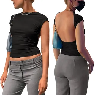 FFWTPY Shirts Damen Sommer Rückenfrei Kurzarm Tshirt Basic T Shirt Crop Top Rundhals Oberteile Casual Shirt Kurzarm Tops Slim Fit Bauchfrei Bluse - M