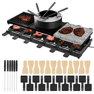 PEILU 1650W Raclette Grill für 12 Personen Doppelstöckiger Tischgrill inkl. Antihaftbeschichtet, Steinplatte, Klein Tablettes, Holzspateln, Suppentopf & Kabel Edelstahl Elektrogrill für Party Camping