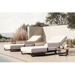 PLOSS Reverie Gartenliegen 2er Set, creme/anthrazit, Aluminium/Polyester, Holzdekor, 200 x 80 cm, verstellbar, inkl. Beistelltisch