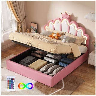 Flieks Polsterbett, LED Kinderbett Doppelbett mit krone-Form Prinzessinnenbett 140x200cm rosa 144 cm x 203 cm x 131 cm