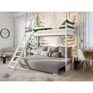 Kids Collective Hochbett 90x200 cm weiß mit Schlafsofa 140x200 cm Couch in Cord-Stoff grau hellgrau Oeko-TEX 100 mit 3 Kissen, Etagenbett Kinderbett Stockbett 200x90 mit Leiter und Schlafcouch