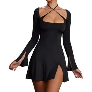 RPAEOY Kleider Damen Quadratischer Ausschnitt Überkreuzter Riemen Langarmkleid Sexy Bodycon Rückenfrei Cocktail Enger Partykleid mit Schlitz Minikleid Elegant Hohe Taille Festlich Party (Schwarz,M) - M