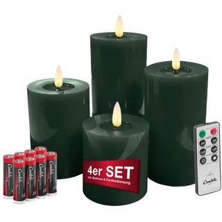 Candela Lights LED Kerzen 4er Set Winter Grün glatt Echtwachs inklusive Fernbedienung und 8 Batterien Timer Funktion & mehrstufig dimmbar flammenlos Echtwachskerzen Stumpenkerzen