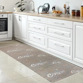 CARPETIA Moderner Teppich Läufer Küche Küchenläufer beige pflegeleicht waschbar Design: Coffee Love Fresh HOT Schriftzug in weiß lang 80 x 300 cm