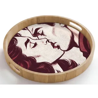 OnlyWow Tablett Rund mit Henkel Kissen - Menschen - Retro - Bordeaux, Eichenholz, (1-tlg), Servierbrett Groß, Tischdeko, Platte, Tisch Deko 50 cm x 50 cm x 5 cm