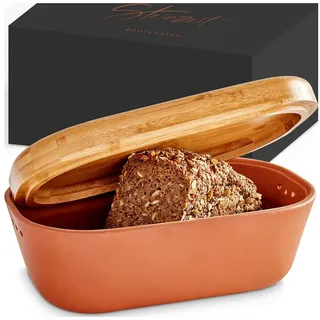 Steinzeit Brotkasten - Brotbox aus atmungsaktivem Ton – Keramik mit edlem Bambusdeckel, Keramik, platzsparend - natürliche Materialien