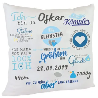 Personalisiertes Namenskissen für Frühchen Spruch zur Geburt oder Taufe Mädchen Namen Babykissen Säugling Geschenk (blau)