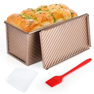 Cyimi Toastbrot Backform mit Deckel Champagner Gold 21,3 x 11,7 x 11,4 cm Antihaft Brotbackform Kastenform mit Teigschaber Schneider und Ölbürste für 500g Teig Perfekt für Frisches Brot