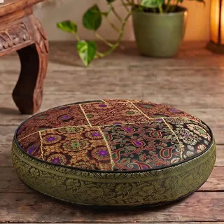GURU SHOP Orientalisches Rundes Patchwork Kissen 40 cm, Sitzkissen, Bodenkissen mit Baumwollfüllung - Braun