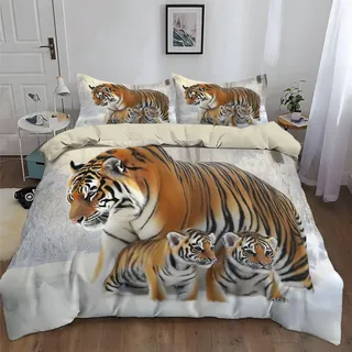 Generisch Bettwäsche-Sets 155x220cm Schneetier Tiger Bettwäsche 3 Teilig, Weich Atmungsaktiv Polyester-Baumwolle Bettbezug Set mit Reißverschluss, 2 Kissenbezüge 80x80 cm