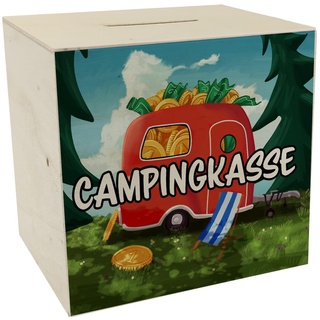 Spardose aus Holz mit Camper Motiv und Text - Wohnwagen im Wald Campingkasse für Camper und für die nächste Reise eine lustige Geschenkidee für Menschen die gerne mit dem Wohnmobil