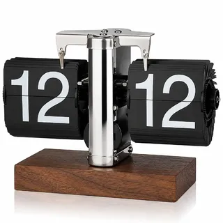 Flip Uhr Retro Digital Klappuhr Tischuhr Edelstahl Holzsockel Batterie | Retro Flip Clock mit Edelstahlgehäuse, Holzsockel, großer Zahlenanzeige und automatischer Kartenbewegung
