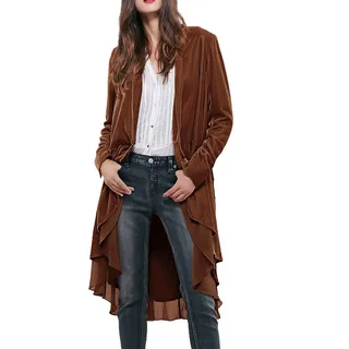 R.Vivimos Herbst Winter Damen Samt Rüschen Freizeitjacke Vintage Lang Mantel Langarm Kragenlos Schwalbenschwanz Blazer(XLarge,Braun) - XL
