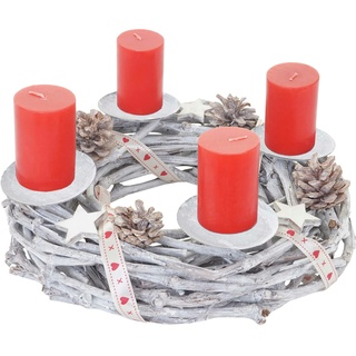 Mendler Adventskranz rund, Weihnachtsdeko Tischkranz, Holz Ø 30cm weiß-grau ~ mit Kerzen, rot