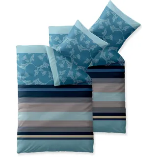 aqua-textil Trend Bettwäsche 135x200 cm 4tlg. Baumwolle Bettbezug Isabis Streifen Blumen Blau Türkis Beige