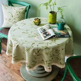 Ricemru Rund Tischdecke 120cm Baumwolle Leinen Grün Französischer Landhausstil Tafeltuch Vintage Blumen Waschbar Tischwäsch mit Häkelkante,Gartentischdecke Hochzeit Party Restaurant Deko