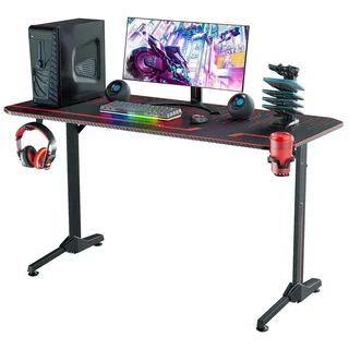 Gaming Tisch 1.4m T-Form Computertisch, Schreibtisch Holz, Ergonomisch, Mauspad Becherhalter, Schwarz