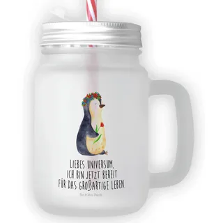Mr. & Mrs. Panda Trinkglas Mason Jar Pinguin Blumen - Geschenk, Lebensziele, Liebeskummer, Blumenliebe, Mason Jar Trinkglas, Retro-Glas, Henkelglas,