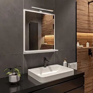 HAJDUK FURNITURE Badspiegel mit Beleuchtung 4000 K IP44 Weiß H:70 x B:60 cm - Bathroom Mirror - Moderner Badezimmer Spiegel Rechteckig mit Ablage und LED - Wandspiegel mit Regal - Premium-Linie