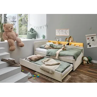 meise.möbel Kinderbett UNO, Polsterbett wahlweise mit Tandemliege oder Stauraum-Schublade (Bett mit Aufsatzregal in weiß oder eiche, mit LED-Regalbeleuchtung), Liegefläche 90x200, 120x200, 140x200cm beige 112 cm x 210 cm x 91 cm