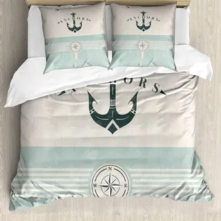 ABAKUHAUS Nautisch Bettwäsche Set für Doppelbetten, Altmodisch Maritim Anker, Weicher Microfaserstoff Allegigeignet kein Verblassen,Seafoam Beige Reseda Grün