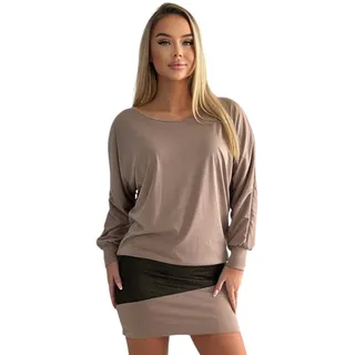 Mississhop 95-31 Damen Minikleid festlich Glitzer Kleid Pulli Tunika Cappuccino L - L