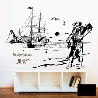 Wandtattoo Wandaufkleber Piratenzone Piratenschiff Pirat Pirateninsel Meer Seeräuber Wunschname Name M1643 - ausgewählte Farbe: *Schwarz* - ausgewählte Größe: *M - 100cm breit x 70cm hoch*