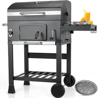LIFERUN Holzkohlegrill mit Deckel, Grill Grillwagen BBQ Smoker XL, Holzkohle Grillwagen mit 2PCS Rädern, Grillrost, Thermometer und Ablage, Standgrill, Groß Kohlegrillwagen für Camping, Garten