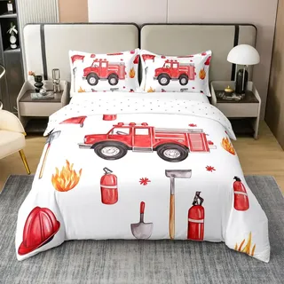Homewish Feuerwehr 100% Baumwolle Bettbezug 155x220 Feuerwehr Bettwäsche Set für Jungen Kinder Teenager Feuerwehr Feuerlöscher Weiß Rot Tröster Abdeckung Weich Bequem Bett Set