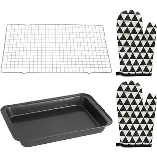 Backblech Set Backform Rechteckig Backbleche Kuchenblech Baking Tray aus Carbonstahl 43x28 5x2 5cm mit Edelstahl Kühlgitter 34 5x24x1 5cm und Ofenhandschuhen spülmaschinenfest langlebig