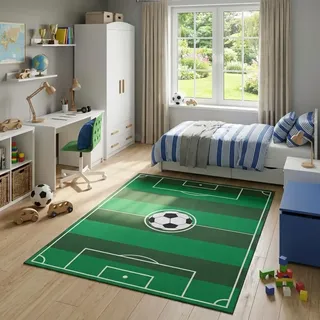 TAPISO Snooki Kinderteppich Kurzflor Fußballfeld Grün 180x250 cm | Kinder Teppich Strapazierfähig Pflegeleicht weich Deko OEKO-TEX