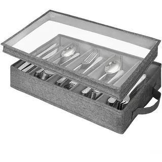 SageFurned Verstellbarer Besteck-Organizer mit transparentem Deckel, graues Oxford-Gewebe, Besteckkasten mit 4 Trennwänden, verstärkte Griffe, 43 × 29 × 8 cm, hält 11,3 kg für Küche oder Reisen