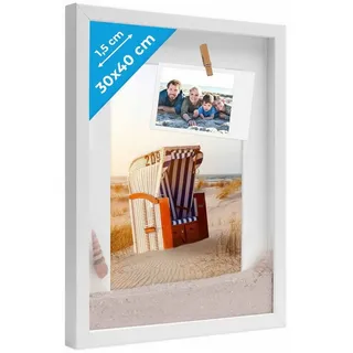 PHOTOLINI Bilderrahmen 3D-Objektrahmen zum Befüllen mit Passepartout und Glasscheibe, für 1 Bilder (1 Einzelrahmen), Rahmen 30x40 cm für Objekte bis 1,5 cm Tiefe zum Basteln & Verschenken weiß 30 cm x 40 cm