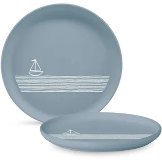 ReWu Teller Speiseteller Blau mit Aufdruck Boot und Meer Porzellan Ø 21cm Maritim Geschirr Spülmaschinenfest Lebensmittelecht Dekoteller