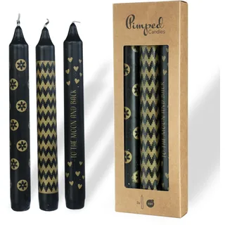 COMFORDER Stabkerzen Set, 3x Tafelkerzen mit Spruch + Motiv, 20cm, 7 Stunden Brenndauer (Schwarz + Gold)