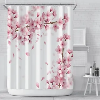 Duschvorhang mit rosa Blumenmuster, asiatischer japanischer Stil, Blume, Kirschblüten, Duschvorhang, wasserdicht, 3D-Druck, Badvorhang, 240 x 200 cm (94,49 x 78,74 Zoll)