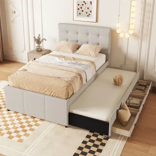 Flieks Polsterbett 90x200cm Einzelbettt mit ausziehbarem Unterbett, Massivholzbett mit Lattenrost und 3 Schubladen, Stauraumbett Gästebett Tagesbe... - Beige