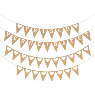 ecooe Vintage Frisch Verheiratet Banner Just Married Girlande für Hochzeit | Romantische Wimpelkette für Brautdusche und Hochzeit Deko mit 19Stk Buchstaben, 21Stk kleiner Herzen und 2Stk 3M Jute Seil