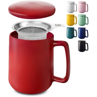 Cosumy Teeglas Teetasse mit Sieb und Deckel 500ml - Jumbotasse, Keramik, Hält Lange warm - 500 ml XXL Groß - Spülmaschinenfest rot
