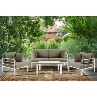 Konsimo Gartenlounge-Set RAMBE Gartenmöbelset, hergestellt in der EU, (4-tlg., 1x Tisch, 2x Sessel, 1x Sofa 2-Sitzer), handgefertigt, Loft-Stil, mit Kissen beige|weiß