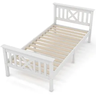 Rutaqian Holzbett Einzelbett / Doppelbett Massivholz 140 x 200 cm(Matratze nicht dabei) (Holzbett mit Kopfteil und Lattenrost), Landhausstil Bettgestell, Kinderbett Jugendbett weiß