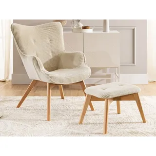 S-Style Möbel Loungesessel mit Fußhocker Lenari aus Cordstoff mit Füßen aus Massivholz (1 x Lounge-Sessel, 1 x Hocker) beige