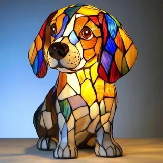 Nachtlicht katze und Hund, LED Katzenlampe/Hundlampe Mosaik, Tischlampe aus gebeiztem Harz, Niedliche HundFiguren Lampe mit Warmem Licht für Vintage Deko, Buntglas-Tierform (H)