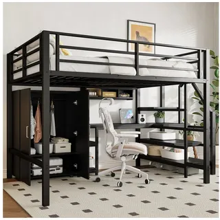 Merax Hochbett 140x200cm Kinderbett Metallbett (Jugendbett Einzelbett, 1-St) mit Schreibtisch, Kleiderschrank, Regale und Stauraumtreppe schwarz