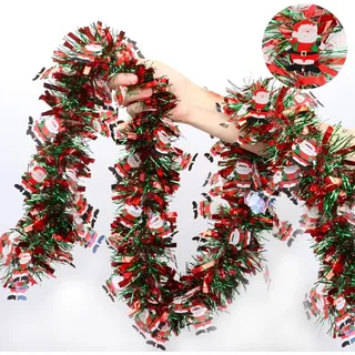 LATERN 10M Weihnachts Lametta Girlande mit Weihnachtsmann, Rot Grün Dicke Metallic Girlande Klobiges Glitzerndes Lametta für Weihnachtsbaum Winter Hochzeit Geburtstag Feiertage Party Dekoration
