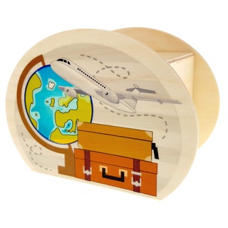 Hess Holzspielzeug 15205 - Spardose aus Holz mit Schlüssel, Reise und Flugzeug, handgefertigt, Geschenk zum Geburtstag oder zur Hochzeit, ca. 11,5 x 8,5 x 6,5 cm groß