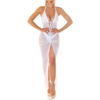 Koucla Vokuhila Strandkleid mit Neckholder Maxikleid Mesh Cover up Kleid Transparent mit Bindebändchen S - S
