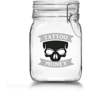 Tattoo Spardose - Spare Geld für Dein Nächstes Tattoo - Tattoo Money Sparbüchse aus Glas mit Bügelverschluss (Tattoo Money - Skull)