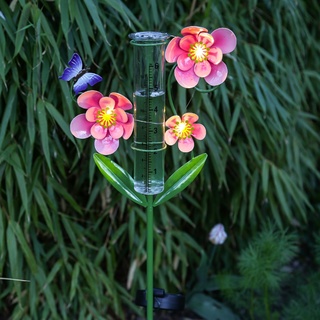 LED Solar Regenmesser mit Blumen und Marienk√§fer - Gartenstecker - H: 81cm - Lichtsensor - gelb